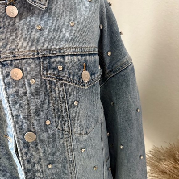 Women's Light Blue Denim Jacket with Rhinestone Stud Details - Picture 6 of 15